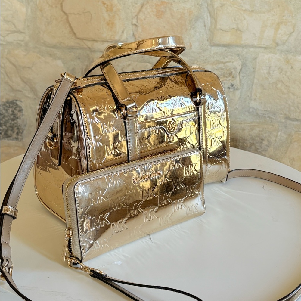 Michael Kors Shiny Gold Satchel and Wallet Set
